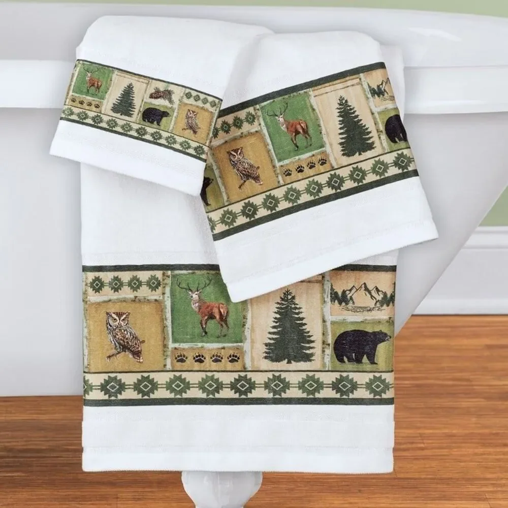 Northwoods Patchwork Aztec Border Towels 3-pc Animals Trees Elk Bath Gift NEW